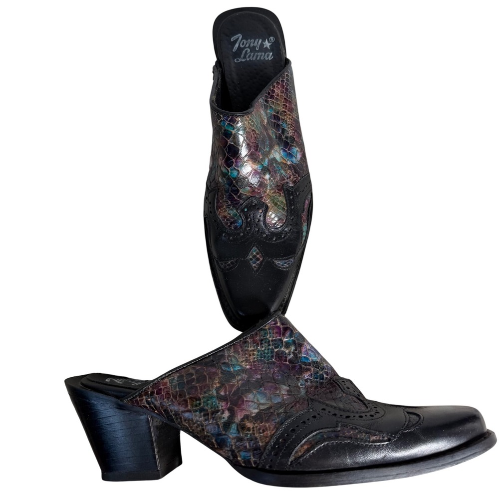 Tony Lama Iridescent Snakeskin Wingtip Western Mules Black Leather Heel